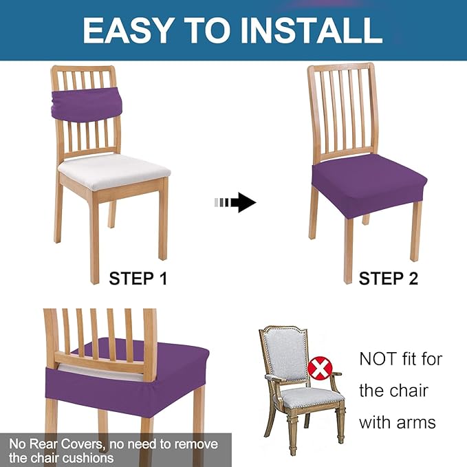 Smiry Waterproof Seat Covers for Dining Room Chairs Set of 4, Stretch Jacquard Removable Washable Chair Seat Slipcovers Protector, No Rear Covers, Purple