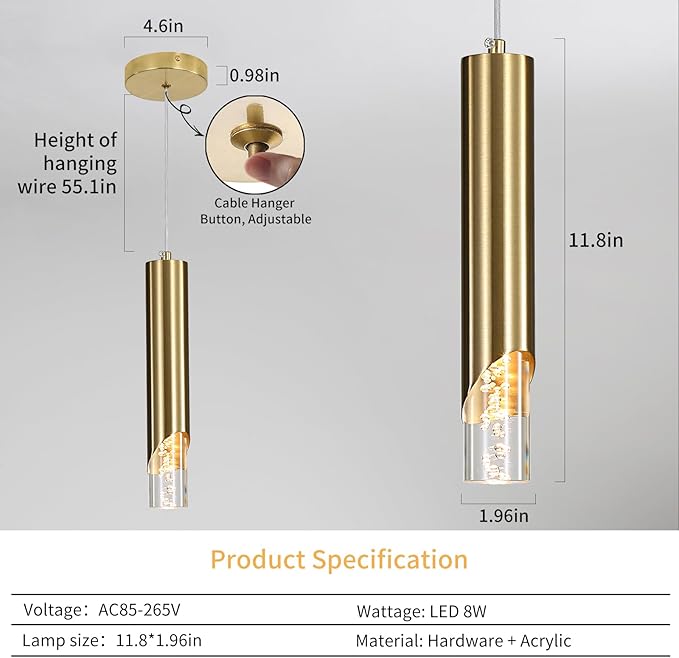 Modern Gold Pendant Light Fixture, Acrylic Bubble Cylinder Hanging Lights, 3 Color 2700K/4500K/6500K, Minimalist Ceiling Chandelier Lighting for Dining Room, Bedroom, Hallway, Bar, Kitchen Island