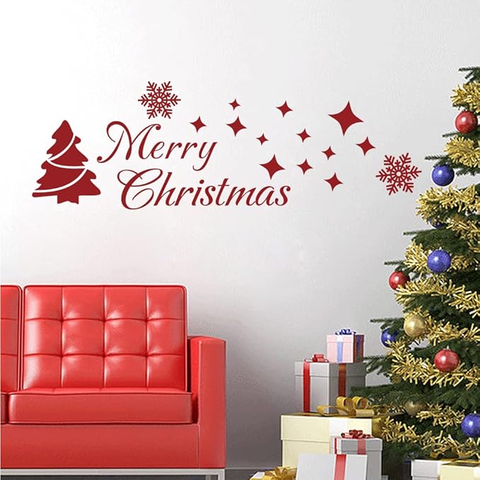MoharWall Christmas Tree Stickers Decor Winter Snow Large Wall Decals Merry Christmas Window Cling Quotes Star Vinyl Art Decoration