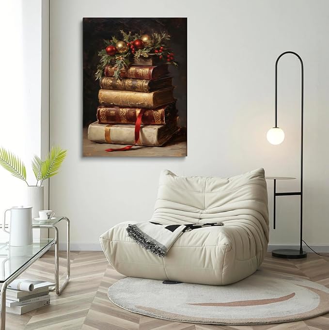 Christmas Berries & Book Wall Art, Berries on Stack of Books, Still Life Print, Vintage Christmas Decor, Winter Print Oil Painting, Dark Academia, 16x24inch Framed Art