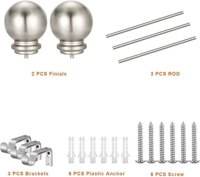 YunNephele Nickel Brushed Window Curtain Rods, 72-144 inches, Classic Ball Finials, Heavy Duty, Adjustable, Holds Up to 28 lbs