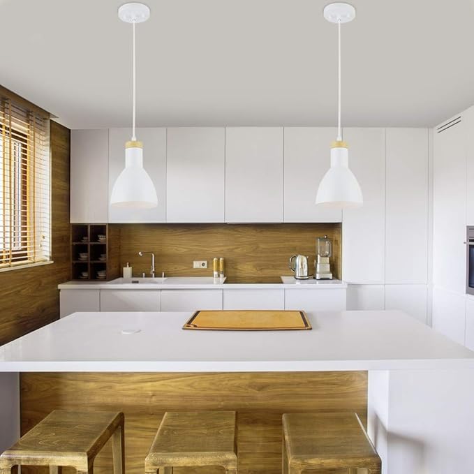 GLOBE Electric 60765 1-Light Pendant Light, Matte White, Wood Grain Accent