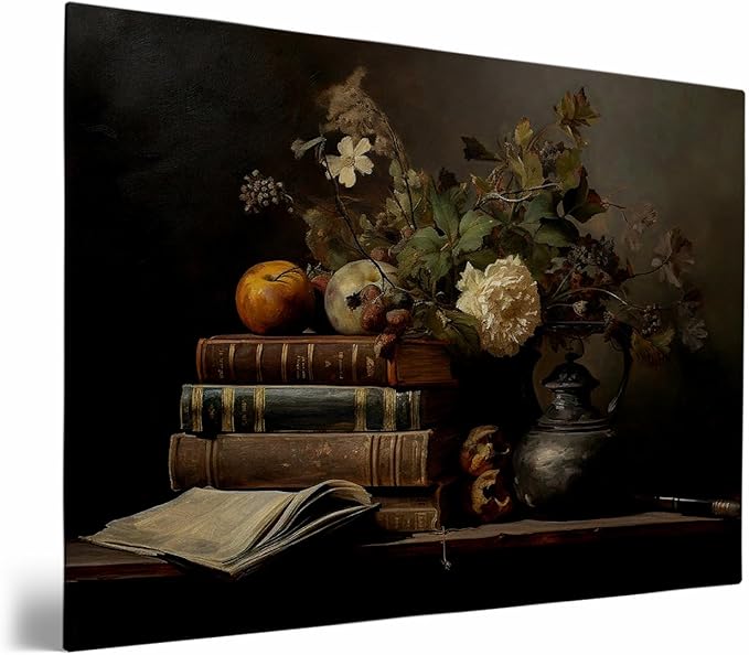 Moody Library Painting,Books Flowers Still Life,Dark Academia Prints,Gothic Books Painting,Moody Wall Art, Dark Cottagecore, Antique Oil Painting,Vintage Cottage core Aesthetic Decor16x24inch Framed