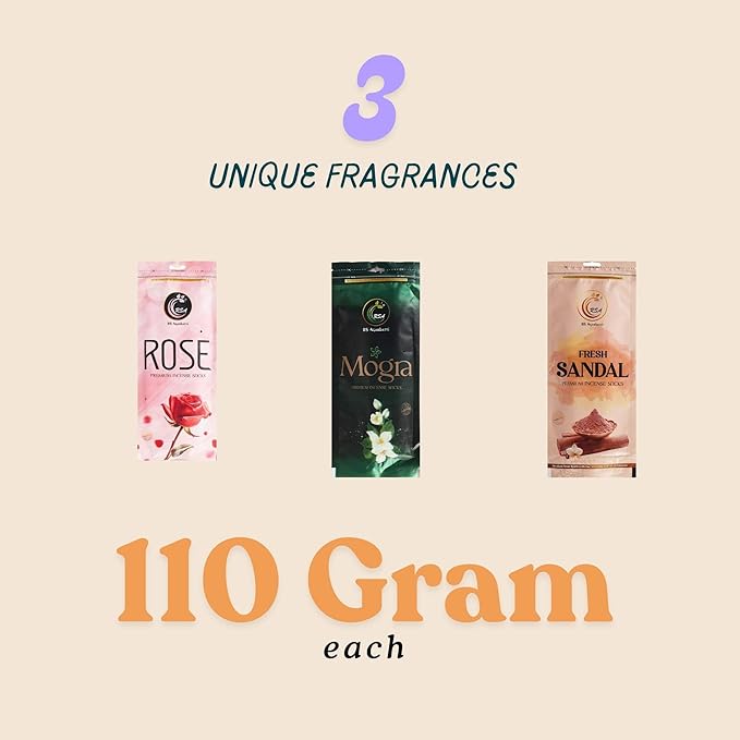 Hashcart Premium Incense Organic Sticks Gift Set of 3 Includes 200+ Sticks Fragrances, 110g Each Pack of Sandalwood, Rose, Mogra with 1 Assorted Incense Stick Holder with 45-50 Min Burn time