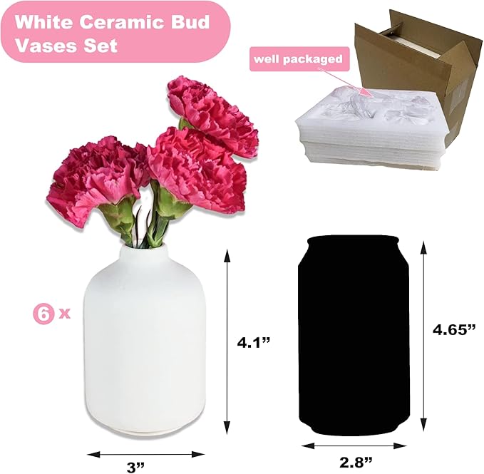 Small White Ceramic Vases Set 6 for Decor, Boho Bud Vases for Dry Flower, 4.1''H x 3''W White Ceramic Vases for Centerpieces, House Plants, Wedding, Home, Modern, Minimalist