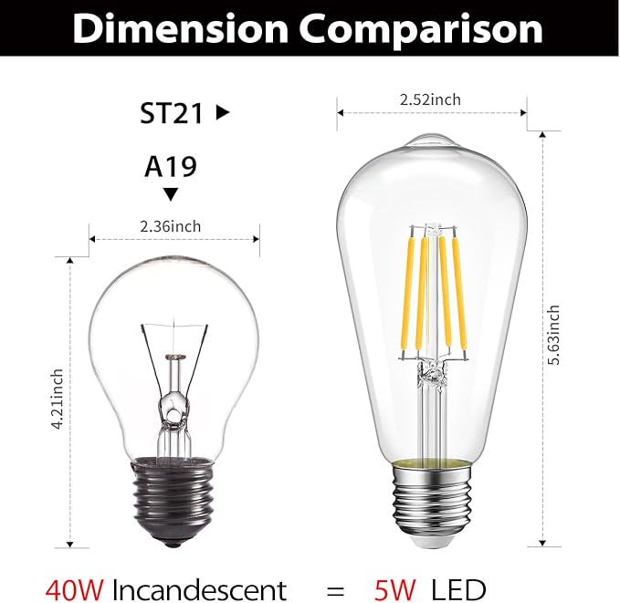 LVWIT ST21 LED Filament Bulb 5W(40 Watt Equivalent) Dimmable 2700K Warm White Vintage Edison Light Bulb E26 Medium Base (6-Pack) (5W-Warm White)