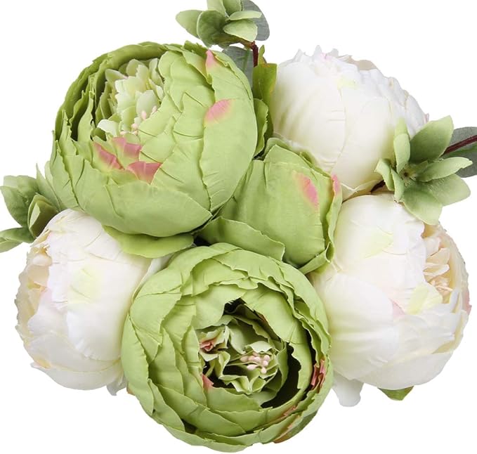 Flojery Silk Peony Bouquet Vintage Artificial Peonies Flower for Home Wedding Party Decor (1pcs, Green)