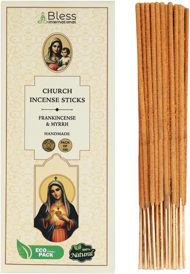 Bless-Church-Frankincense-and-Myrrh 100%-Natural-Handmade-Hand-Dipped Organic-Chemicals-Charcoal-Free Purification-Relaxation-Positivity-Meditation Best-Woods-Scent (100 Sticks(5.25 OZ))