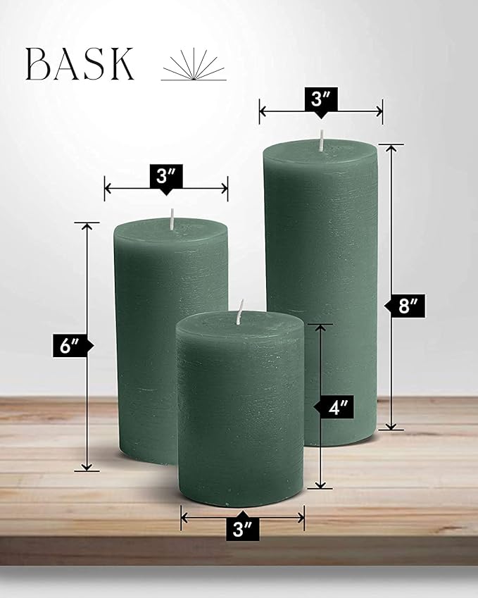 BASK Mottled Dark Green Pillar Candles - Unscented, Dripless, Smokeless Set of 3 for All Occasions