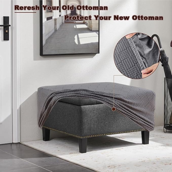 Square Ottoman Cover Large Stretch Storage Ottoman Bench Covers Slipcovers Cube Jacquard Covers for Square Ottomans Coffee Table Footrest Stool Cover with Elastic Bottom L Dark Gray
