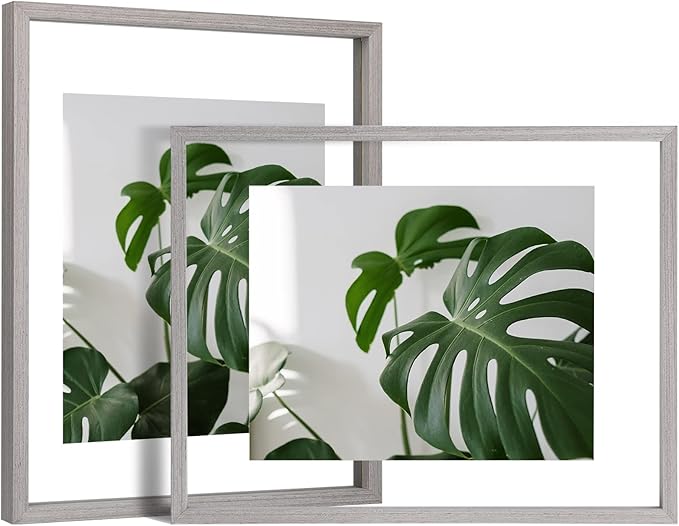 Egofine 11x14 Floating Frames Set of 2, Double Plexiglass Picture Frame, Made of Solid Wood Display Any Size Photo up to 11x14, Wall Mount or Tabletop Standing, Light Grey