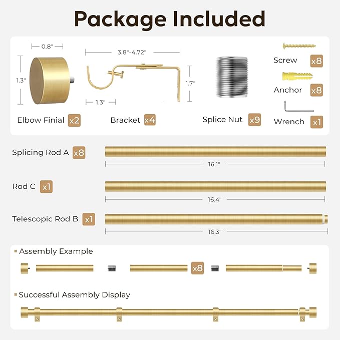Zeerobee Curtain Rods for Windows 32 to 168, Brushed Gold Curtain Rod, Adjustable 1 Inch Heavy Duty Outdoor/Indoor Modern Drapery Pole, 32"-168"