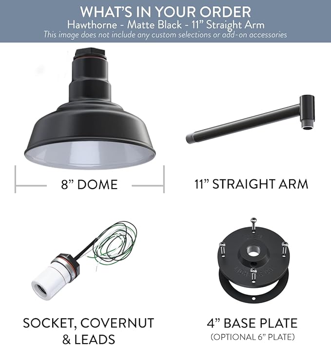 Steel Lighting Co. Hawthorne Barn Light | Outdoor Wall Mounted | 8 inch Dome | 11 inch Straight Arm| Small Farmhouse Light Made in America | Matte Black Exterior/Matte Black Interior