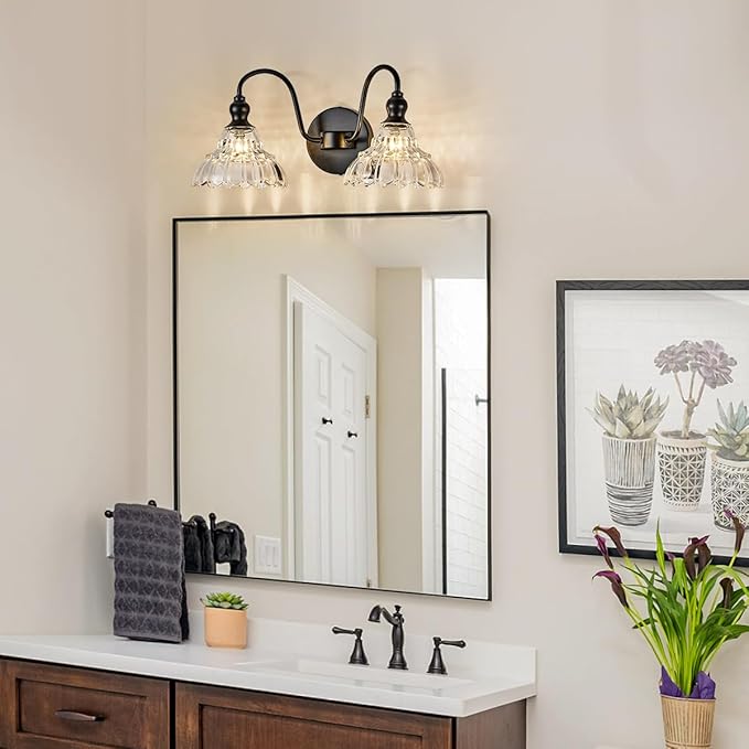 2-Light Modern Wall Sconce Black Wall Light Fixtures Made of Metal Body and Pressed Patterned Glass with Unique Design Vanity Light for Bedroom, Bathroom, Doorway, Farmhouse