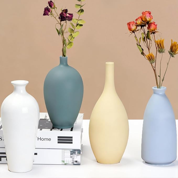 Ceramic Vase Set of 4,Small Vases for Dried Flowers&Pampas Grass,Vase for Home Decor,Modern Farmhouse Decor,Morandi Color Ceramics Decoration for Centerpieces for Tables