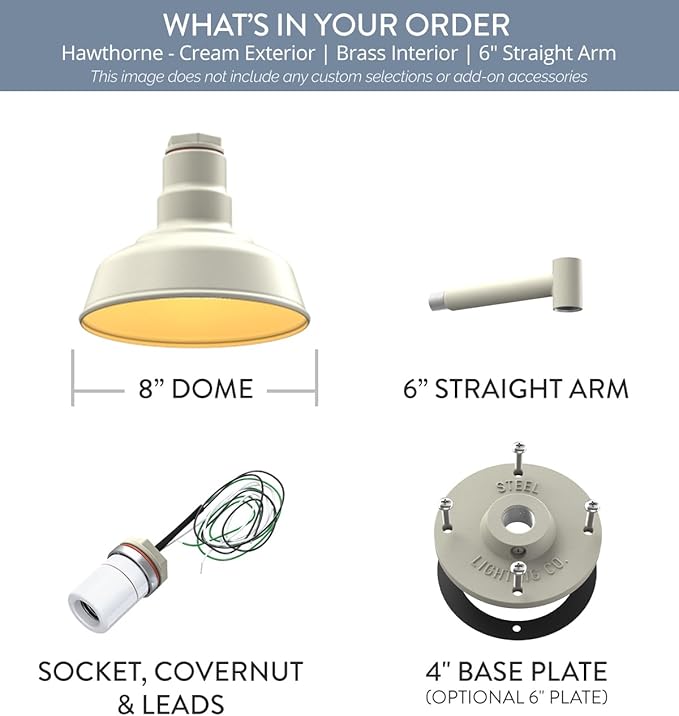 Steel Lighting Co. Hawthorne Barn Light | Outdoor Wall Mounted | 8 inch Dome | 6" Straight Arm | Small Farmhouse Light Made in America | Cream Exterior/Brass Interior