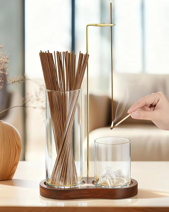 2-in-1 Walnut Wood Glass Incense Holder for Sticks, Anti-Ash Flying Incense Burner with Glass Ash Catcher & Incense Storage, Incense Stick Holder for Meditation, Yoga, Spa, and Home Decor