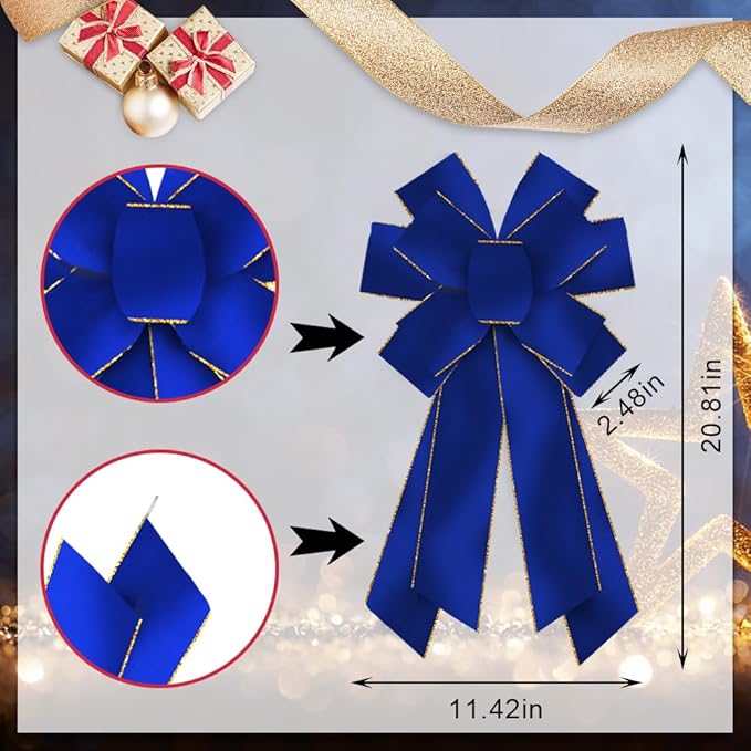 Large Christmas Wreath Bows, Royalblue Prussian Blue Gold Velvet Ribbon Bows for Wreath, Large Tree Topper Burlap Bows for Christmas Home Indoor Outdoor Xmas Party Decoration Wreath Ornament Supplies