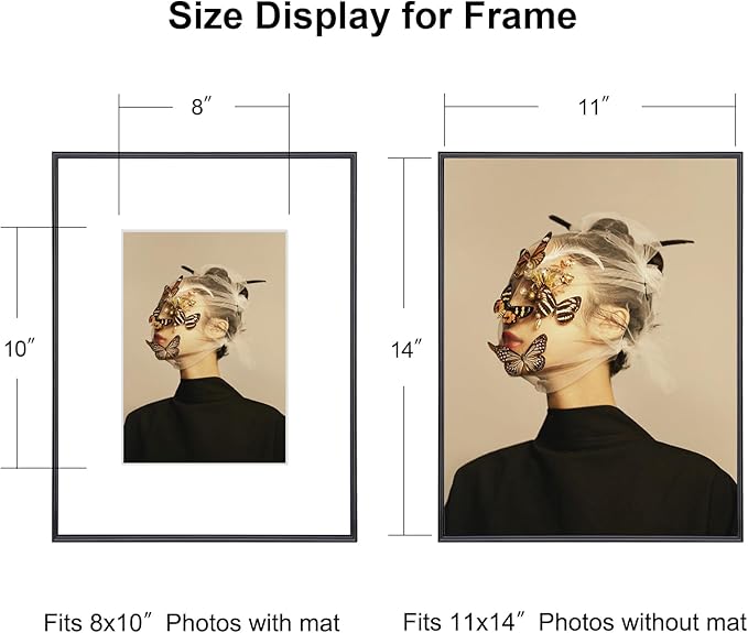 11x14 Picture Frame Set of 4, Matted Black Simple Modern Brushed Thin Aluminum Metal Photo Frame Fits 8x10 with Mat or 11 x 14 without Mat Vertical and Horizontal for Tabletop and Wall Mounting