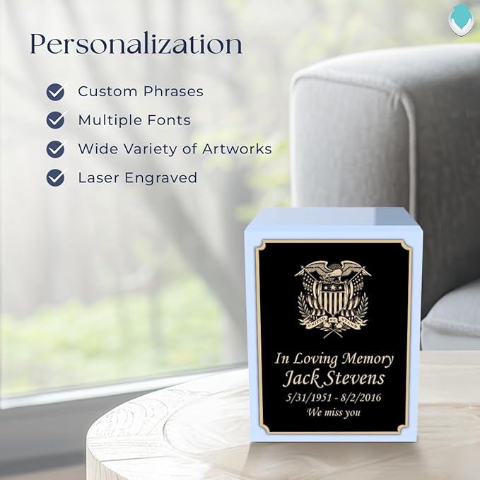GetUrns Custom American Glory Small Urn Box for Human Ashes I Personalized Wooden Keepsake Cremation Urn for Male or Female I Light Blue Memorial Box I 40lbs