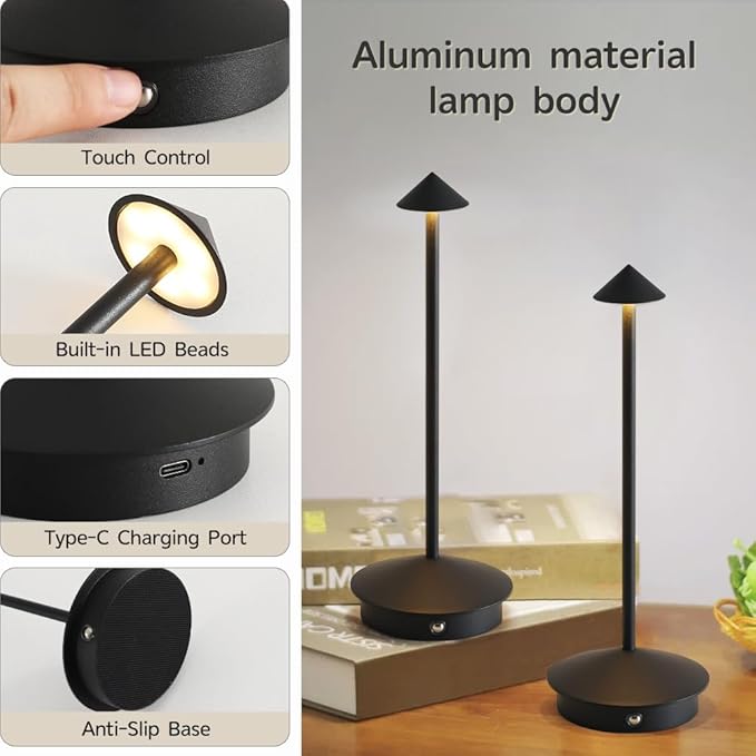 EJQ 2 Pack LED Rechargeable Cordless Table Lamps,Portable Outdoor 5000mAh Battery Operated Table Light Touch Control 3 Color Dimmable for Patio/Cofee/Restaurant/Camping/Dining/Bedroom-Black