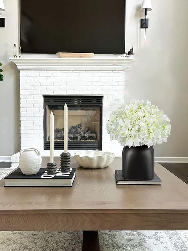 Briful Hydrangea Artificial Flowers White Silk Hydrangea Flowers in Deep Black Ceramic Vase Spring Flowers Arrangments Potted Fake Flowers for Home Decor Indoor Farmhouse Table Wedding Centrepiece