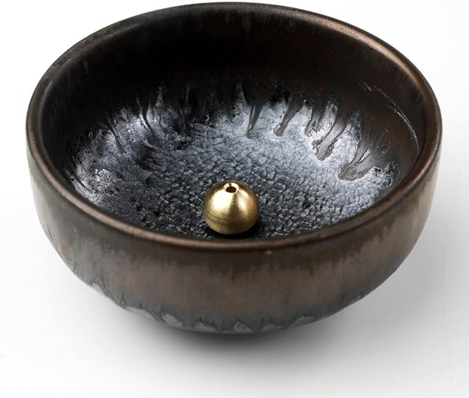 Asayu Japan Zen Incense Holder – 3.9" (100 mm) Ceramic Incense Bowl with Brass Burner, Made in Japan Mino Ware, Modern Wabi-Sabi Style in Metallic Black, Brown & Gold