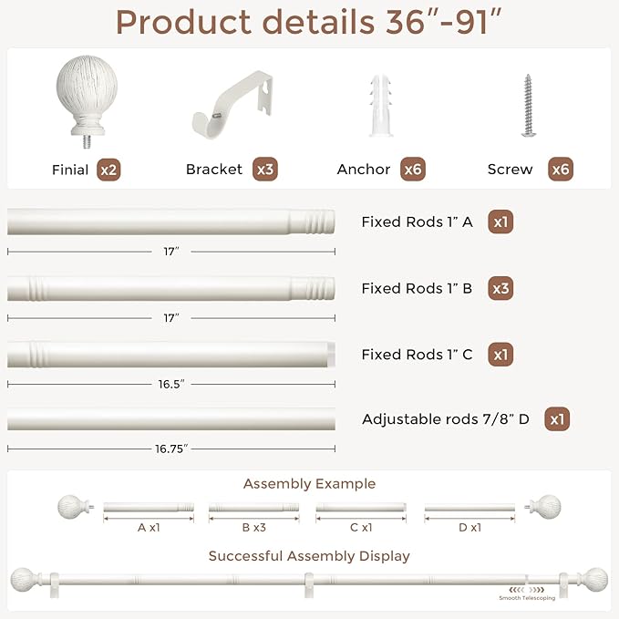 Antique White Curtain Rods for Windows 48 to 84 Inch, 1 Inch Boho Decorative Vintage Drapery Rod with Antique White Finials, Adjustable Heavy Duty Rustic Farmhouse Spliced Metal Curtain Pole