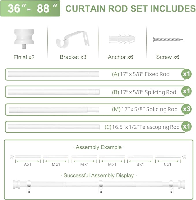 Sturdy Durable Curtain Rod:White Curtain Rods for Windows 36-88 Inch,Adjustable Heavy Duty Curtains Rod for Bedroom/Kitchen/Dorm/Apartment/Door,Small Modern Decorative Drapery Rods (All-Metal)