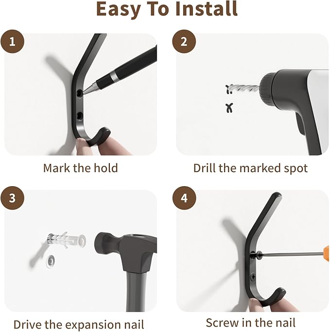 Wall Hooks for Hanging Coats - 10 Pack Black 3.2'' Double Hook Design, Hat Organizers, Wall Mount Hangers for Bags and Keys, Perfect for Garage, Workshop, Entryway, Closet, and DIY Projects