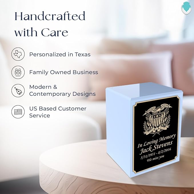 GetUrns Custom American Glory Small Urn Box for Human Ashes I Personalized Wooden Keepsake Cremation Urn for Male or Female I Light Blue Memorial Box I 40lbs