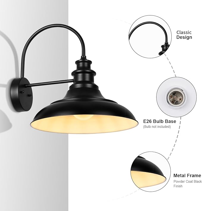 Outdoor Barn Light Fixture, 16 Inch Large Dome Farmhouse Exterior Wall Mount Light, Rustic Wall Sconce Indoor Wall Lighting Fixture, Industrial Black White Lantern for Porch, 1 Pack