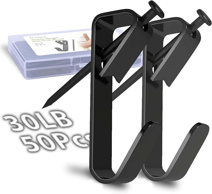 Picture Hangers, Extra Thick, 30 lb, for Decorative Drywall & Plaster Walls - Small Nails for Painting, Frame Hooks to Hang for Hanging, 50 pcs, Black