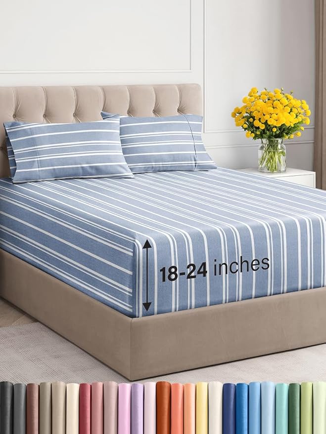 Extra Deep Twin Sheet Set - 4 Piece Breathable and Cooling Sheets - Hotel Luxury Bed Sheets Set - Easy Fit - Soft, Wrinkle Free and Comfy Sheets Set - Blue Striped Sheet Set with Extra Deep Pockets