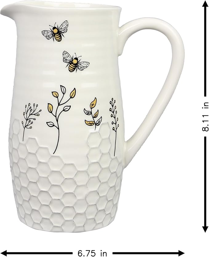 Young's Inc Honey Bee Ceramic Water Pitcher/Vase,Bee Farmhouse,Rustic Decor for Kitchen,Dining Accessories,8 Inch