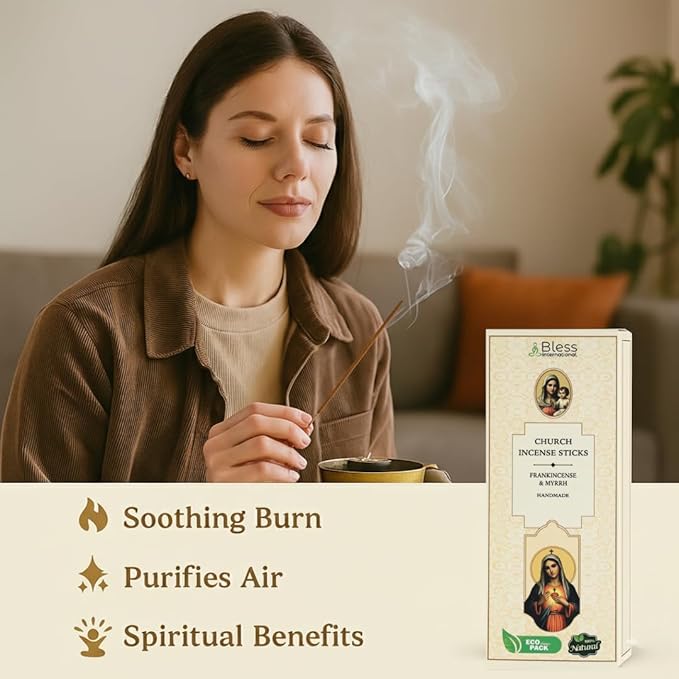 Bless-Church-Frankincense-and-Myrrh 100%-Natural-Handmade-Hand-Dipped Organic-Chemicals-Charcoal-Free Purification-Relaxation-Positivity-Meditation Best-Woods-Scent (100 Sticks(5.25 OZ))