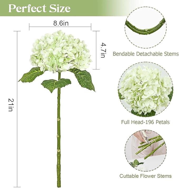 Waipfaru 21" Real Touch Green Hydrangea Artificial Flowers with Long Stem & Leaves, Full Latex Faux Hydrangea Flowers for Home Decor Party Floral Arrangements Wedding Bouquets Centerpieces, 5Pcs