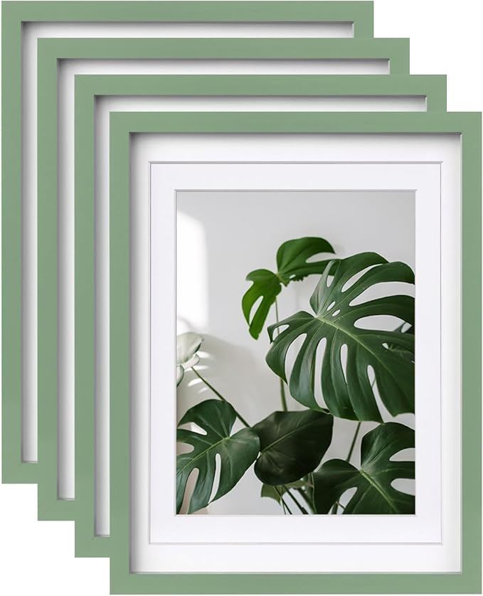 Egofine 12x16 Picture Frames 4PCS Covered by Plexiglass, Made of Solid Wood, Display Pictures 9x12 and 11x14 with Mat or 12x16 Without Mat for Table Top and Wall Mounting, Green