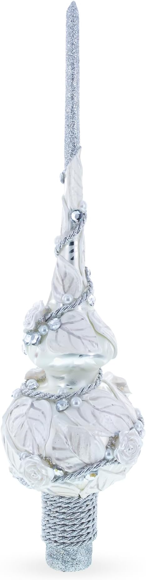 White Roses with Leaves on White Glass Christmas Tree Topper 11 Inches