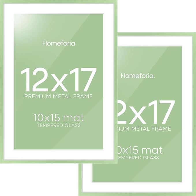 Homeforia 12x17 Picture Frame Sage Green, High End Metal 12x17 Poster Frames with Mat 10x15 Photo, 12 x 17 Sage Green Frame Matted to 10 by 15 Art, 17x12 Thin Frame, Tempered Glass, Wall Kit, Set of 2