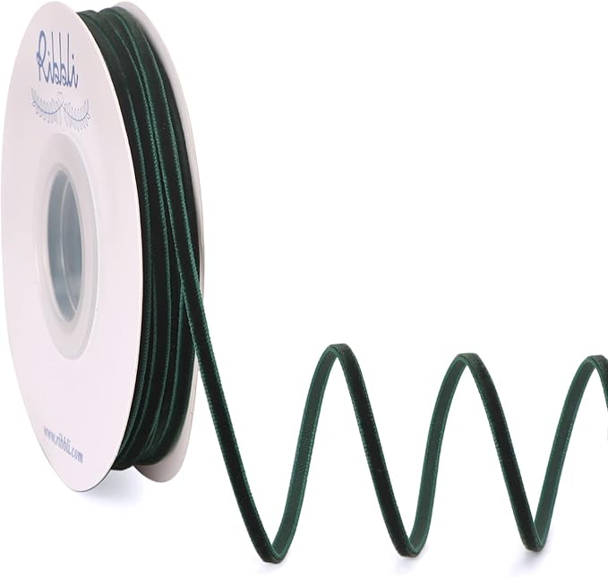 Ribbli Dark Green Velvet Ribbon 1/8 Inches Continuous 25 Yard Spool Green Christmas Ribbon for Gift Wrapping Crafts Home Decor