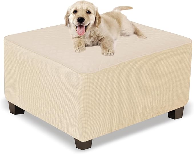 NeColorLife Square Ottoman Cover Waterproof Ottoman Slipcover Thick Storage Footrest Stool Covers Furniture Protector for Pets(Large Size,Khaki)