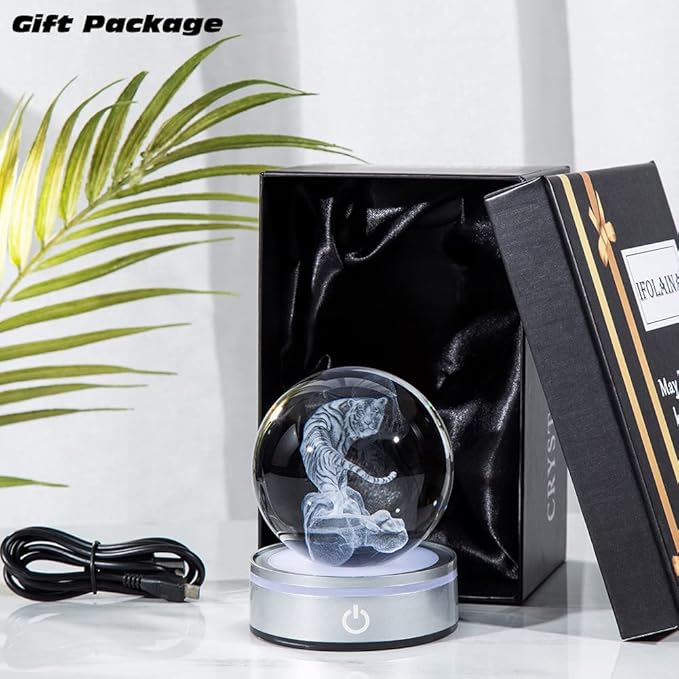 IFOLAINA Tiger Gifts 3D Crystal Ball White Tiger Figurine Lamps Decorations Statue Present