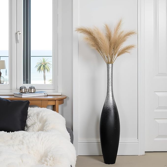 27.5" Tall Modern Floor Vase - Black with Silver Galaxy Ombre Finish - Resin Decorative Vases with Slim Neck & Weighted Base - Large Home Decor Vase for Living Room, Entryway