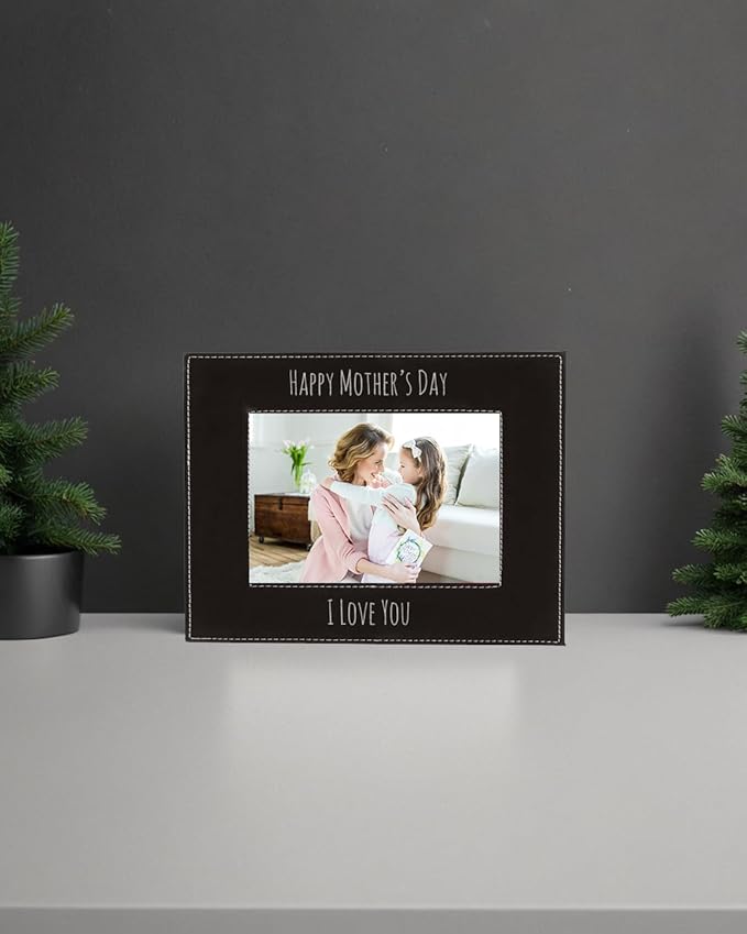 CustomGiftsNow Personalized Add Your Custom Text Engraved Leatherette Faux Leather Hanging/Tabletop Personalized Group Family Photo Picture Frame (Black, 5x7-inch Horizontal)