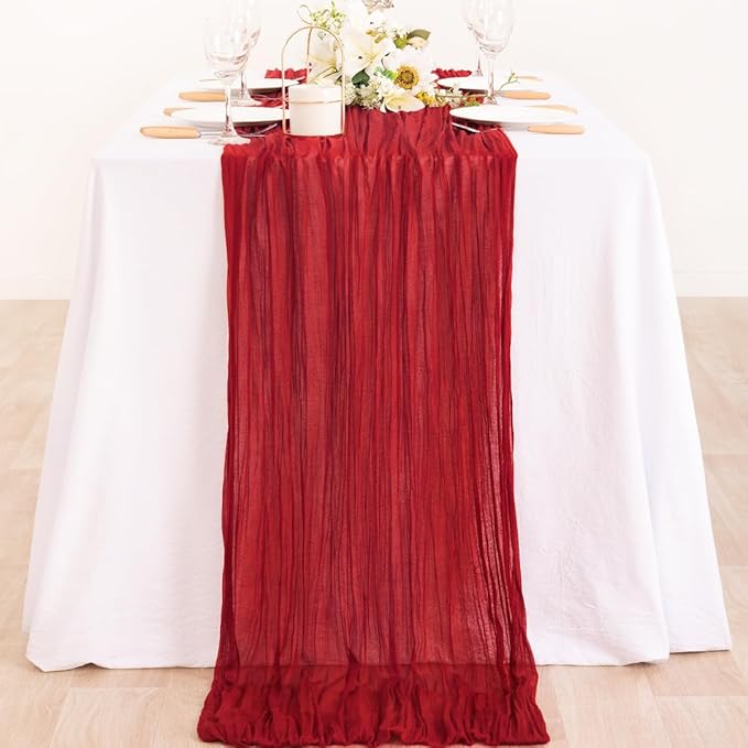 MLMC Red Table Runner 10ft Boho Gauze Cheesecloth Valentines Table Runner Rustic Cheese Cloth Decor 35x120 Inches for Wedding Reception Annniversary Home Valentine's Day Decor