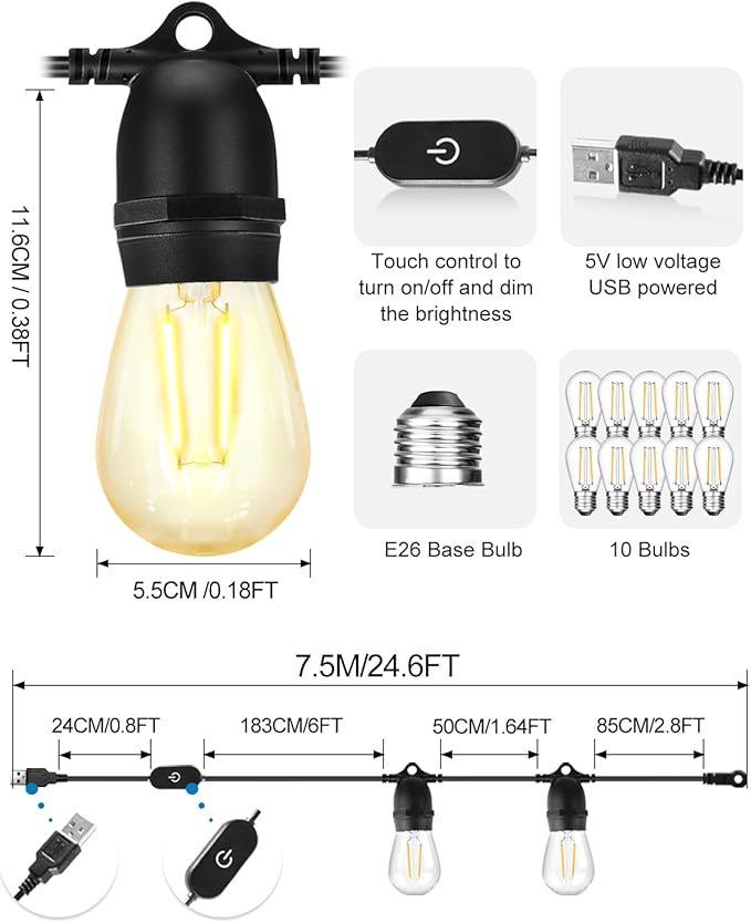 BRIMAX 24.6Ft USB Powered String Lights,10 LED Bulbs Waterproof & Shatterproof Outdoor Camping String Lights Dimmable Brightness with Swith for Tents,Patio,Backyard,Garden and Holidays,Warm White