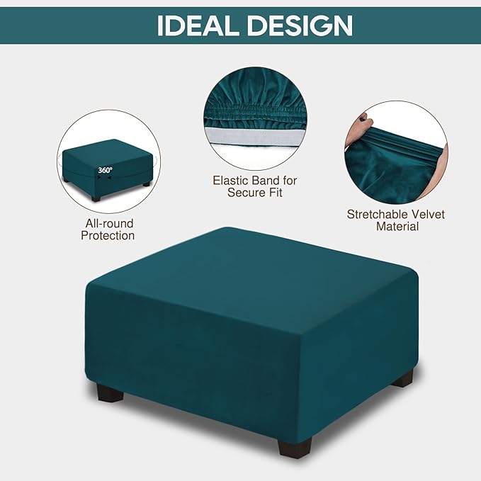 NeColorLife Square Ottoman Cover Velvet Ottoman Slipcover Thick Stretchable Footrest Stool Covers with Elastic Band for Oversized Ottoman (XX-Large Size,Lake Blue)