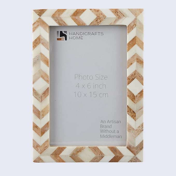 Handicrafts Home Chevron Mosaic Picture Frame– Handmade Bone Inlay 4 by 6 Photo Frame for Tabletop & Wall Decor, Home Decor, Boho Chic Coastal Farmhouse Frame, Colorful Desk & Shelf Decor- Brown White