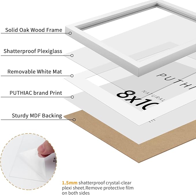 puthiac 8x10 White Oak Wood Picture Frame -8"x10" Frame Wood, 8"x10" Natural Solid Wood Poster Frames for Wall Art Photo and Prints (3 Pack, White)